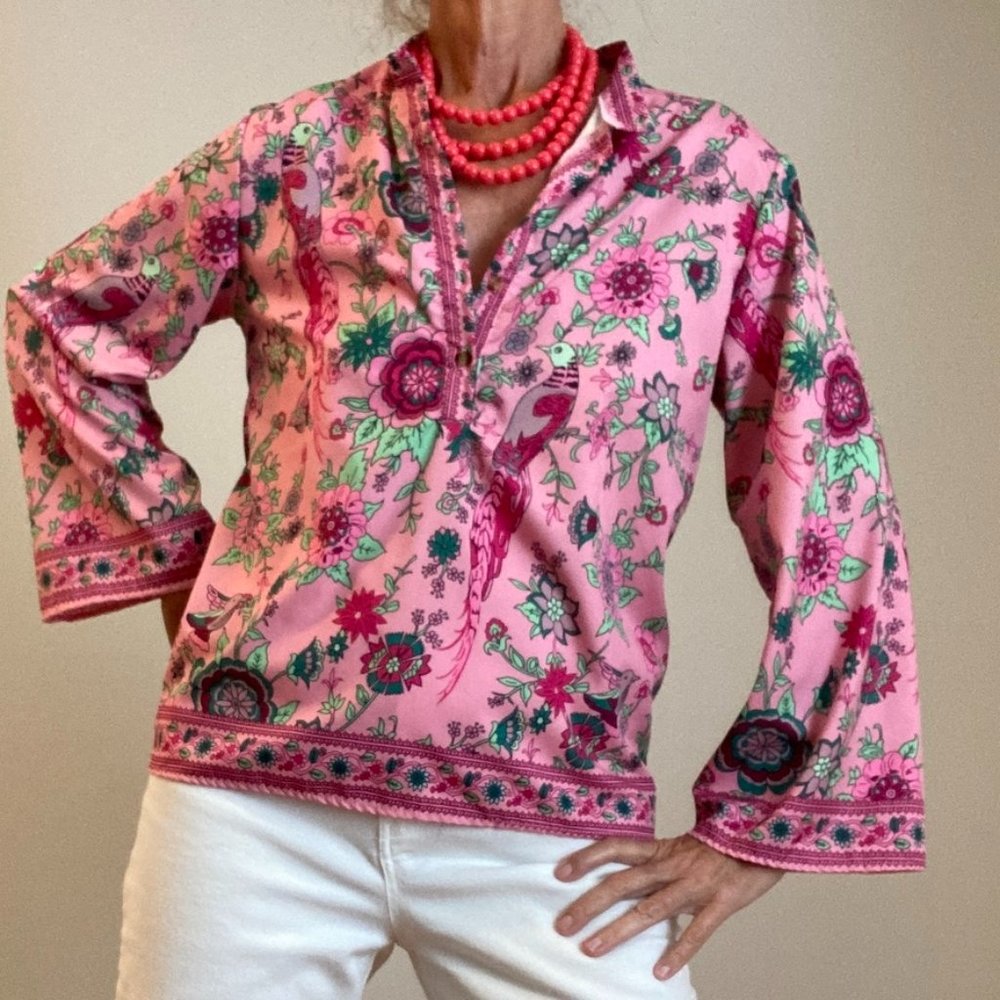 Vintage Blouse Large Pink & Green